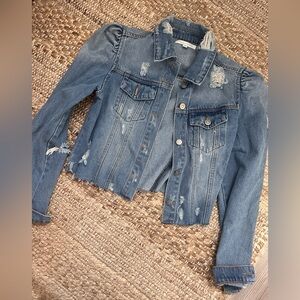 Puff sleeve distressed denim jacket
